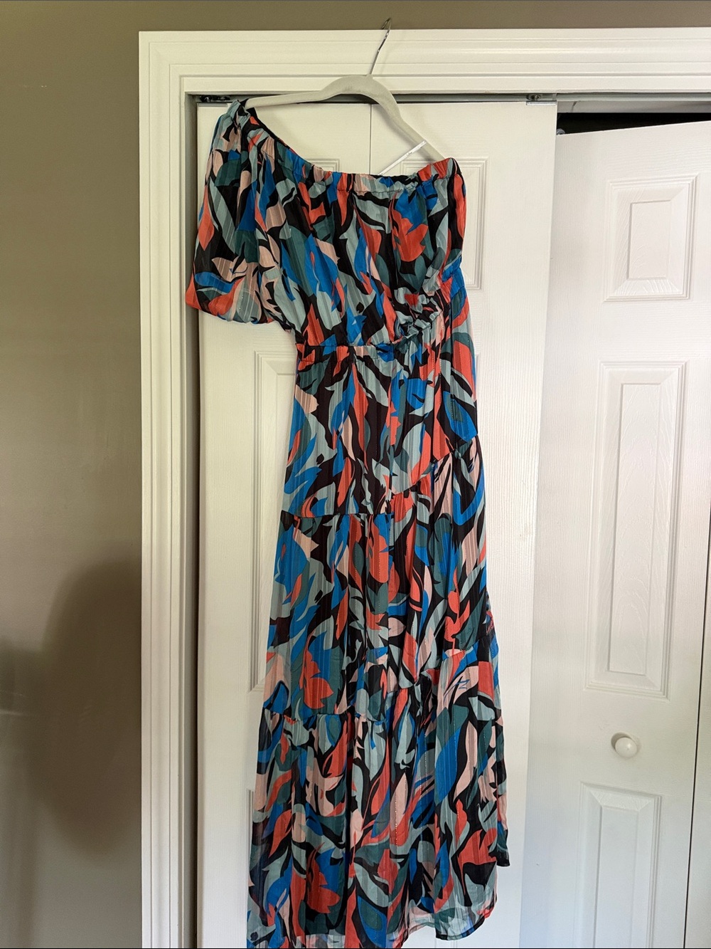 Lulu's One-Shoulder Abstract Floral Maxi Dress - Blue & Coral